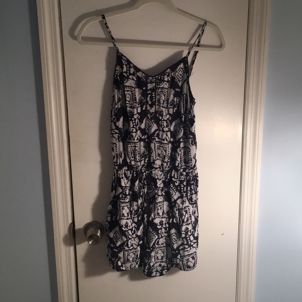 navy blue and grey romper, ties at waist
